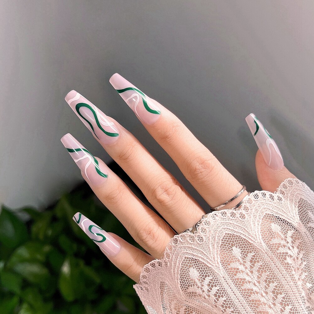 24Pc Detachable Long Coffin Fake Nail Pink White Wave Lines False Nails French Ballerina Artificial Full Cover Press On Nail Tip