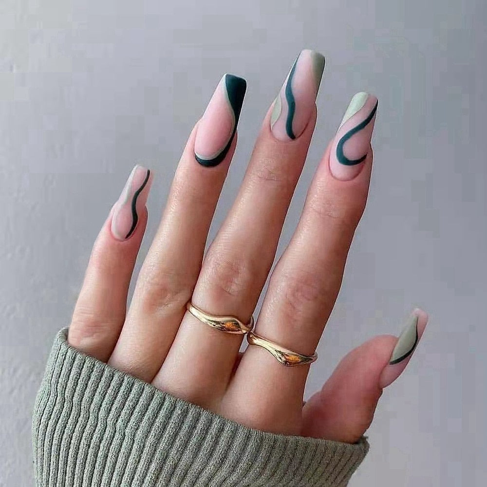 24Pc Detachable Long Coffin Fake Nail Pink White Wave Lines False Nails French Ballerina Artificial Full Cover Press On Nail Tip
