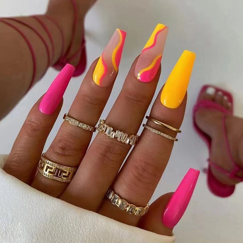 24Pc Detachable Long Coffin Fake Nail Pink White Wave Lines False Nails French Ballerina Artificial Full Cover Press On Nail Tip
