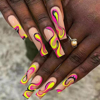 24Pc Detachable Long Coffin Fake Nail Pink White Wave Lines False Nails French Ballerina Artificial Full Cover Press On Nail Tip