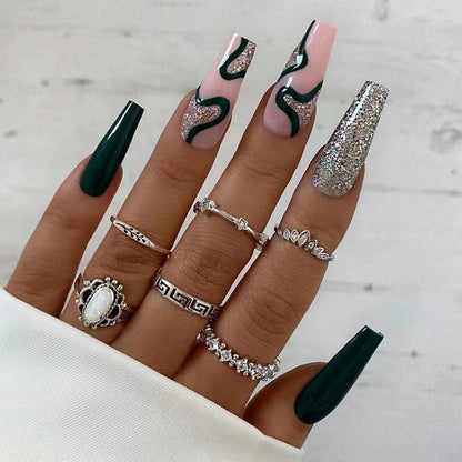 24Pc Detachable Long Coffin Fake Nail Pink White Wave Lines False Nails French Ballerina Artificial Full Cover Press On Nail Tip