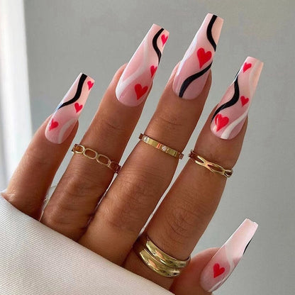 24Pc Detachable Long Coffin Fake Nail Pink White Wave Lines False Nails French Ballerina Artificial Full Cover Press On Nail Tip