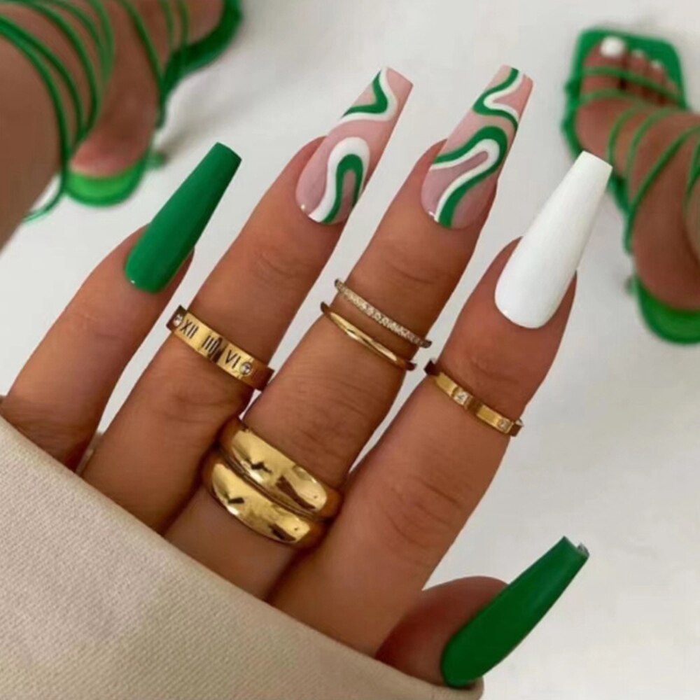 24Pc Detachable Long Coffin Fake Nail Pink White Wave Lines False Nails French Ballerina Artificial Full Cover Press On Nail Tip