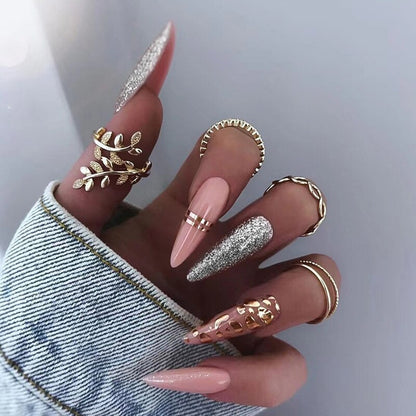24Pcs Almond False Nails Pointed Head Wearable Fake Nails Pink Leopard Print Design Stiletto Press on Nails Full Cover Nail Tips