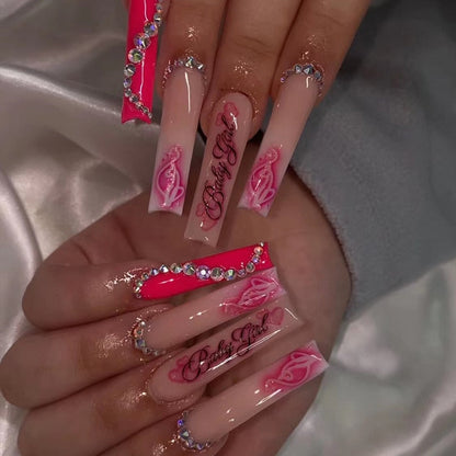 24Pcs Artifical False Nails with Glue Fake Nail Tips with Heart Designs Detachable Press on Nails Long Finished Nails