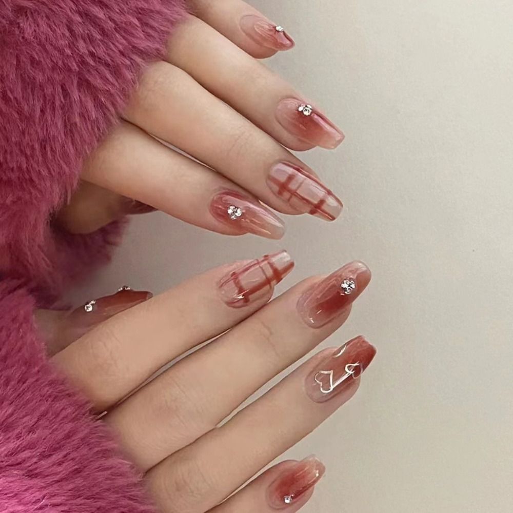 24Pcs Ballet French Coffin False Nails With Flowers Diamonds Designs Press On Fake Nails Detachable Acrylic Manicure Tips