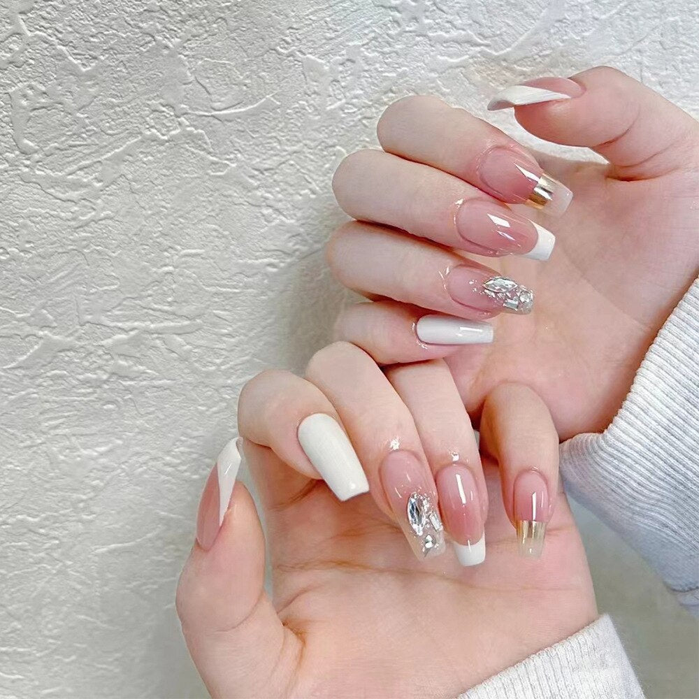 24Pcs Ballet French Coffin False Nails With Flowers Diamonds Designs Press On Fake Nails Detachable Acrylic Manicure Tips