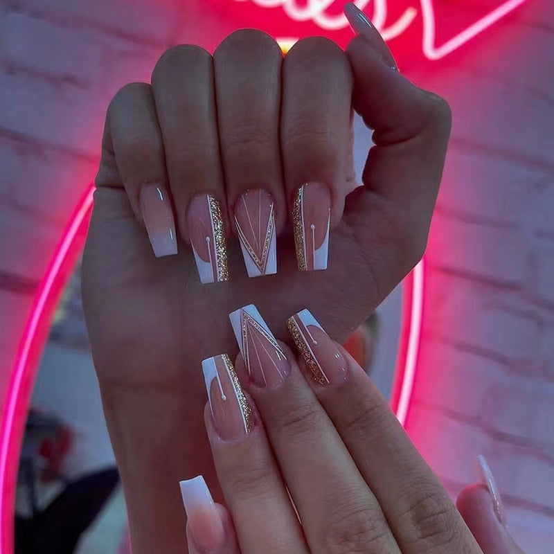 24Pcs Ballet French Coffin False Nails With Flowers Diamonds Designs Press On Fake Nails Detachable Acrylic Manicure Tips