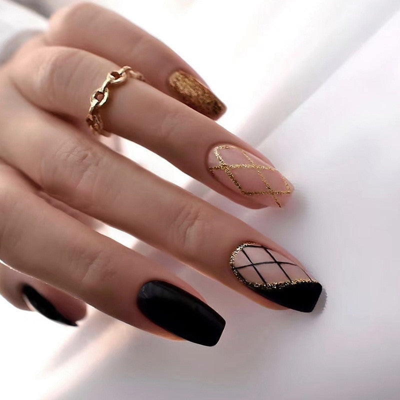 24Pcs Ballet French Coffin False Nails With Flowers Diamonds Designs Press On Fake Nails Detachable Acrylic Manicure Tips