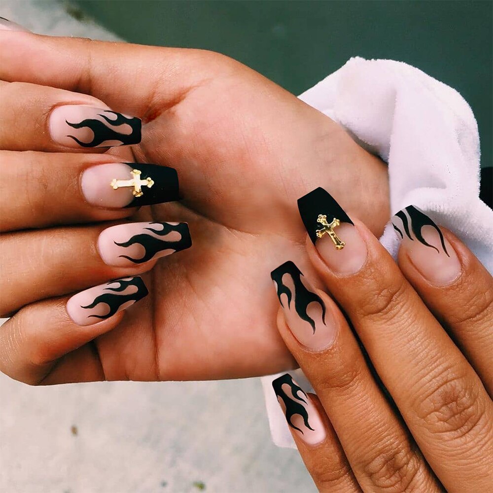 24Pcs Ballet French Coffin False Nails With Flowers Diamonds Designs Press On Fake Nails Detachable Acrylic Manicure Tips