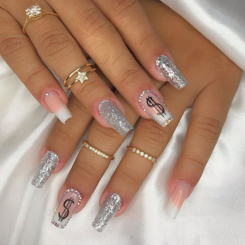 24Pcs Ballet French Coffin False Nails With Flowers Diamonds Designs Press On Fake Nails Detachable Acrylic Manicure Tips
