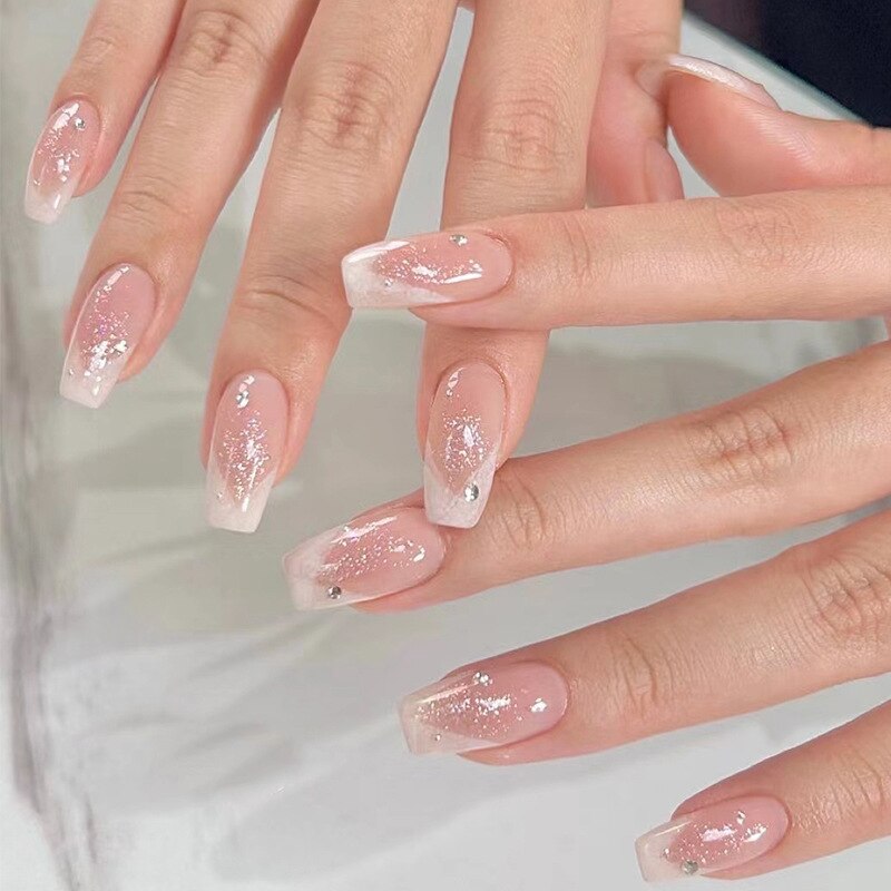 24Pcs Ballet French Coffin False Nails With Flowers Diamonds Designs Press On Fake Nails Detachable Acrylic Manicure Tips