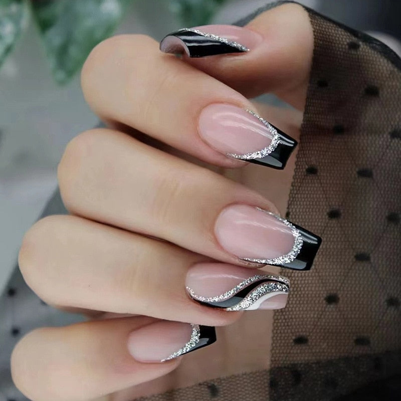 24Pcs Ballet French Coffin False Nails With Flowers Diamonds Designs Press On Fake Nails Detachable Acrylic Manicure Tips