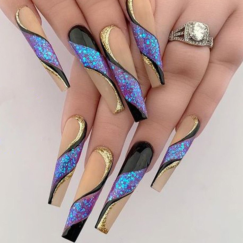 24Pcs Ballet Full Cover Fake Nails Flower Butterfly Design with Rhinestones False Nails Wearable Press on Nails Manicure Tips
