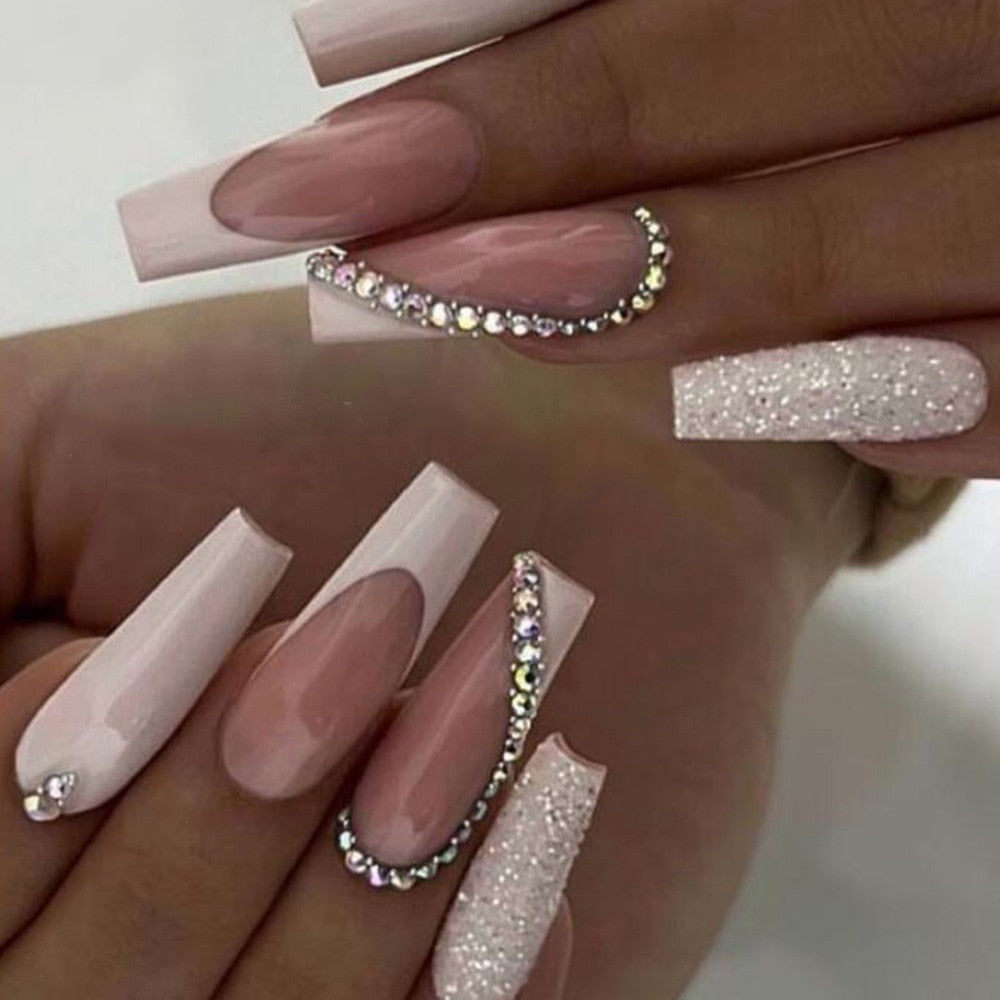 24Pcs Ballet Full Cover Fake Nails Flower Butterfly Design with Rhinestones False Nails Wearable Press on Nails Manicure Tips