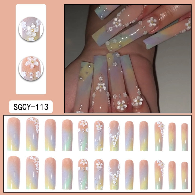 24Pcs Ballet Full Cover Fake Nails Flower Butterfly Design with Rhinestones False Nails Wearable Press on Nails Manicure Tips