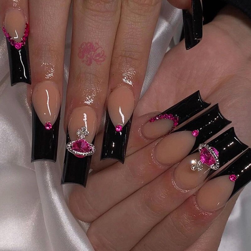 24Pcs Black French Coffin False Nails Ballet Fake Nail with Cross Design Removable Full Finished Acrylic Nail Tip Press on Nails