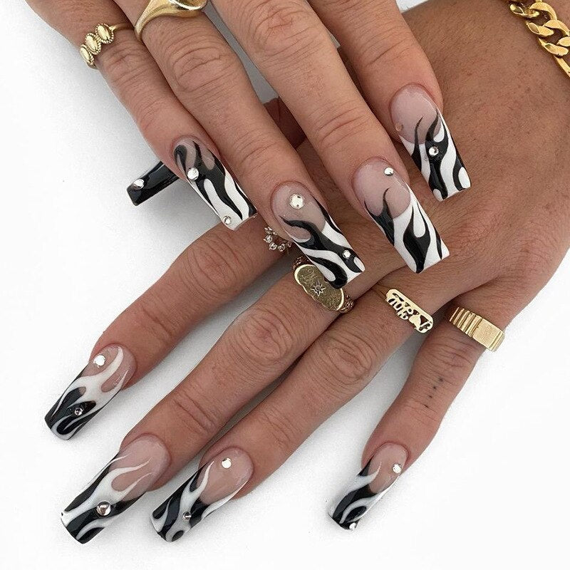 24Pcs Black French Coffin False Nails Ballet Fake Nail with Cross Design Removable Full Finished Acrylic Nail Tip Press on Nails
