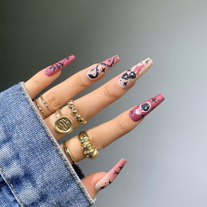 24Pcs Black French Coffin False Nails Ballet Fake Nail with Cross Design Removable Full Finished Acrylic Nail Tip Press on Nails