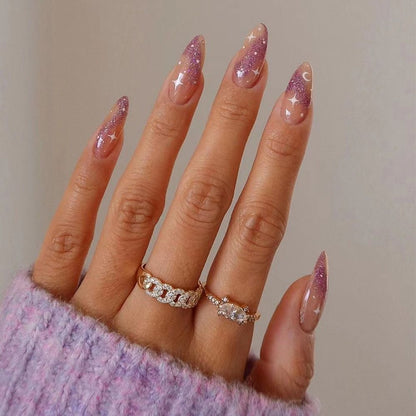 24Pcs/Box Almond Round Wavy False Nails Detachable Stiletto Fake Nails Full Cover French Ballerina Nail Tips Press On Nails