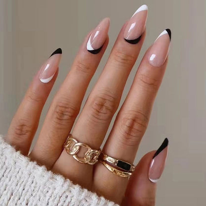 24Pcs/Box Almond Round Wavy False Nails Detachable Stiletto Fake Nails Full Cover French Ballerina Nail Tips Press On Nails