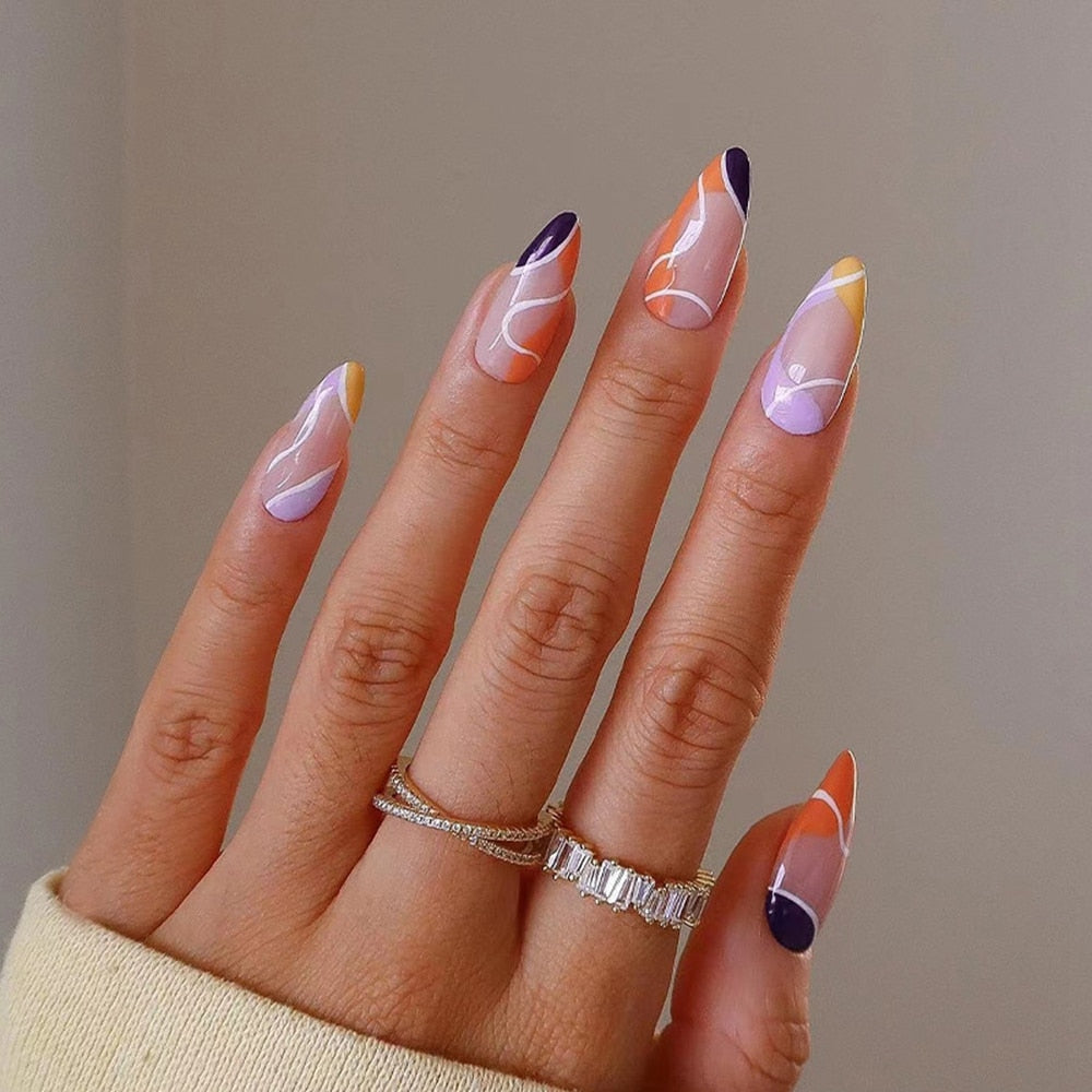 24Pcs/Box Almond Round Wavy False Nails Detachable Stiletto Fake Nails Full Cover French Ballerina Nail Tips Press On Nails