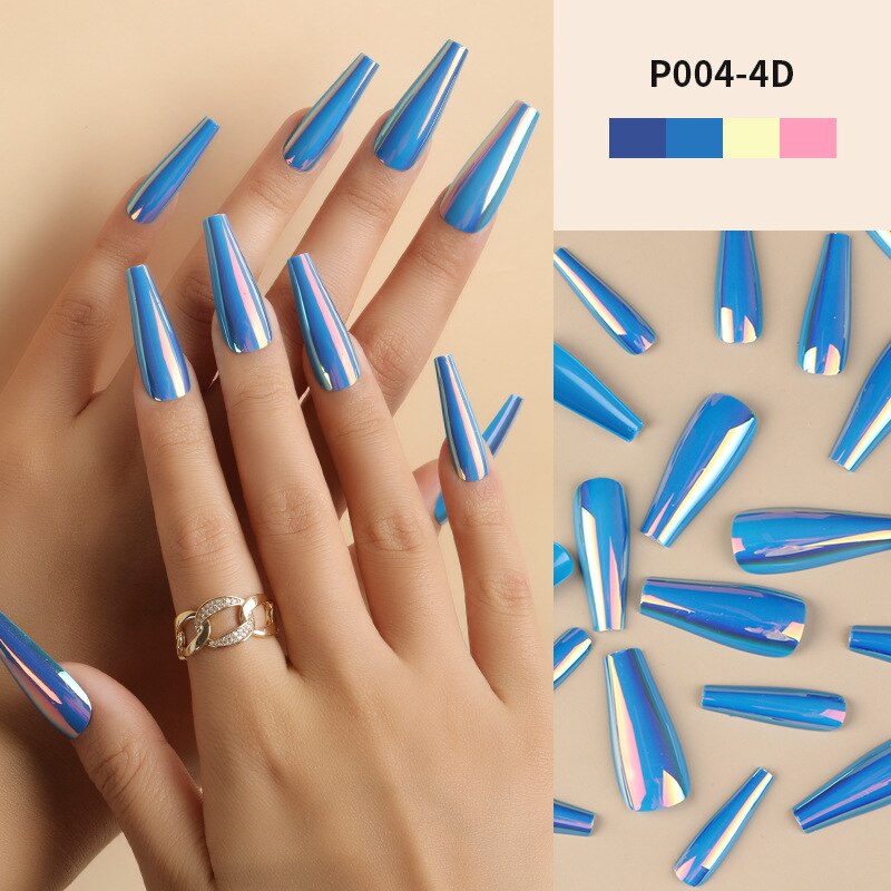 24Pcs/Box Ballerina Press on Nails Tips False Nail Art Full Cover Detachable Artificial Fake Nails Metal Mirror Powder Design