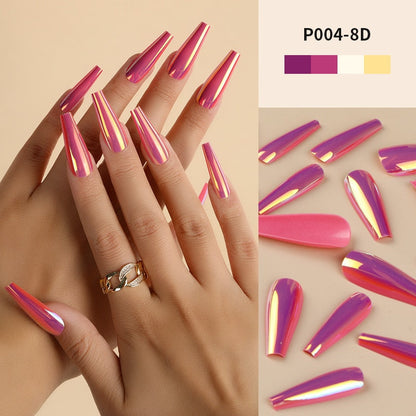 24Pcs/Box Ballerina Press on Nails Tips False Nail Art Full Cover Detachable Artificial Fake Nails Metal Mirror Powder Design