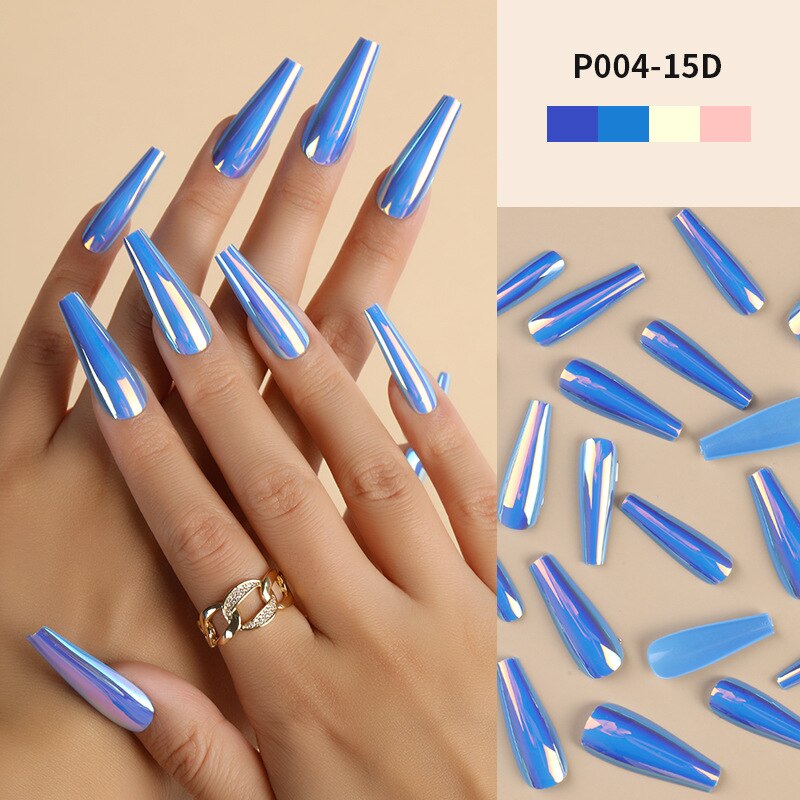 24Pcs/Box Ballerina Press on Nails Tips False Nail Art Full Cover Detachable Artificial Fake Nails Metal Mirror Powder Design