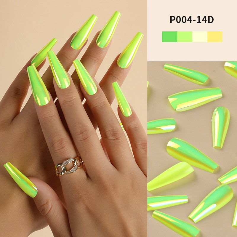 24Pcs/Box Ballerina Press on Nails Tips False Nail Art Full Cover Detachable Artificial Fake Nails Metal Mirror Powder Design