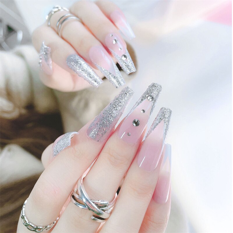 24Pcs/Box White French Fake Nails Press on Long XL Length Rhinestone Design False Nails Full Cover Acrylic Nail Tips