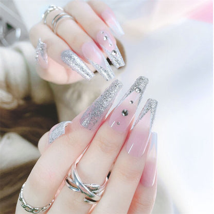 24Pcs/Box White French Fake Nails Press on Long XL Length Rhinestone Design False Nails Full Cover Acrylic Nail Tips