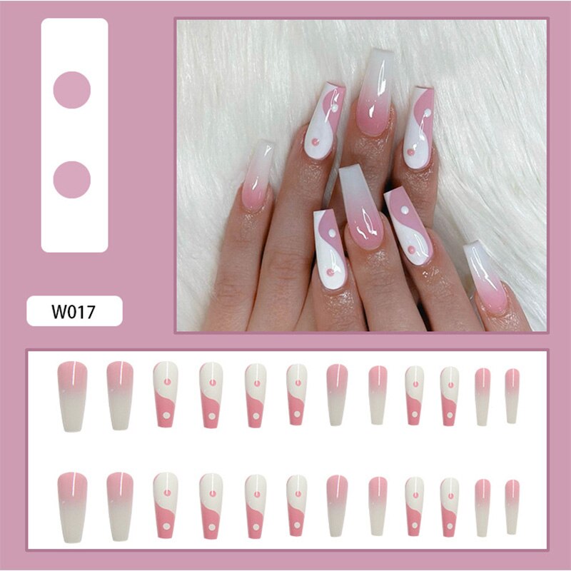 24Pcs/Box White French Fake Nails Press on Long XL Length Rhinestone Design False Nails Full Cover Acrylic Nail Tips