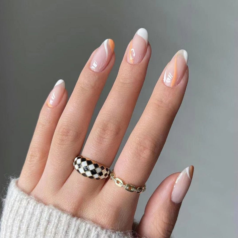 24Pcs/Box White French Fake Nails Press on Long XL Length Rhinestone Design False Nails Full Cover Acrylic Nail Tips