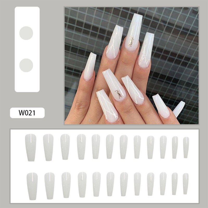 24Pcs/Box White French Fake Nails Press on Long XL Length Rhinestone Design False Nails Full Cover Acrylic Nail Tips