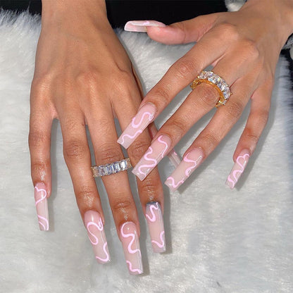 24Pcs/Box White French Fake Nails Press on Long XL Length Rhinestone Design False Nails Full Cover Acrylic Nail Tips