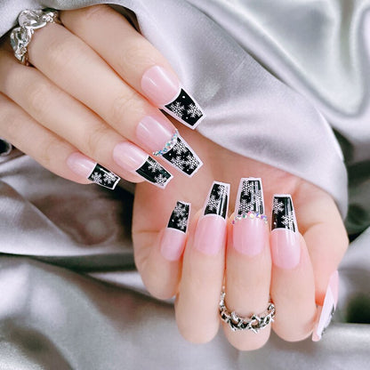 24Pcs/Box White French Fake Nails Press on Long XL Length Rhinestone Design False Nails Full Cover Acrylic Nail Tips