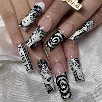 24Pcs Christmas Exclusive False Nails Wearable Long Xmas Style Fake Nails Elk Snowflake Design Full Cover Press on Nail tips