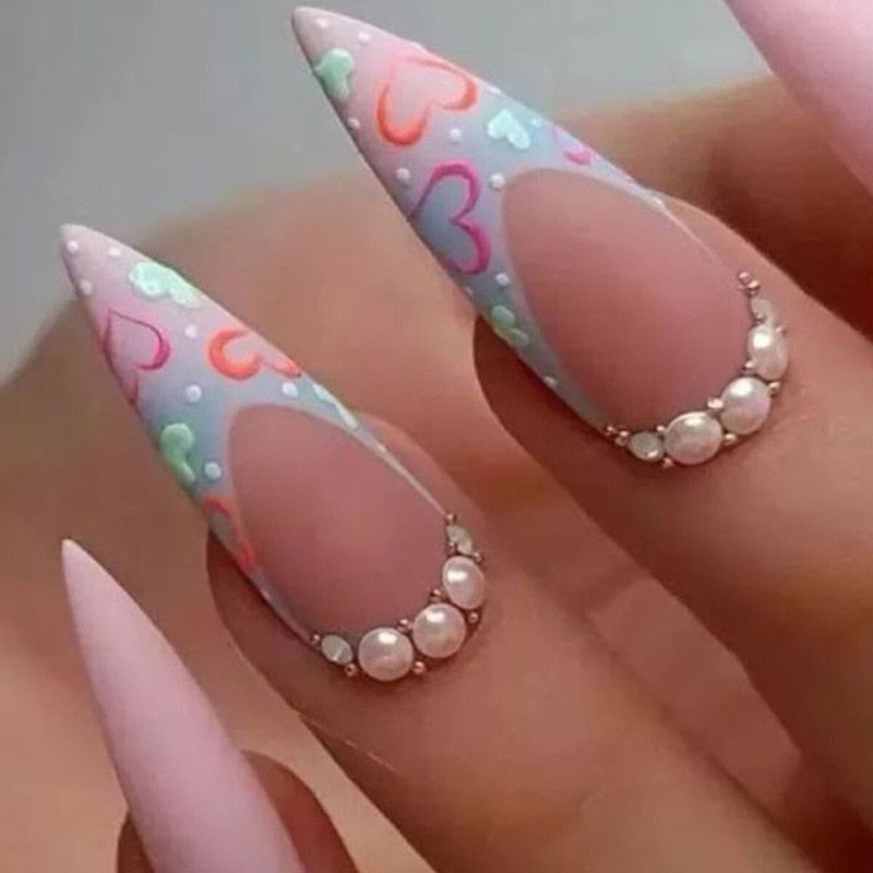 24Pcs Detachable Almond French Full Cover False Nails Silver Butterfly Lines Stiletto Fake Nials Press On Nails DIY Manicure