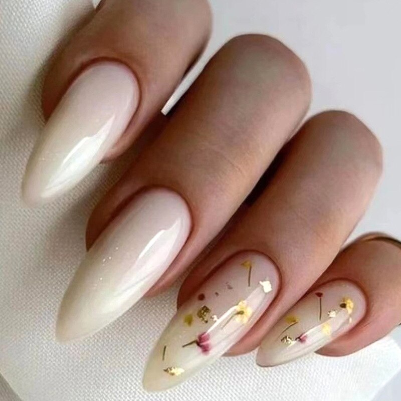24Pcs Detachable Almond French Full Cover False Nails Silver Butterfly Lines Stiletto Fake Nials Press On Nails DIY Manicure