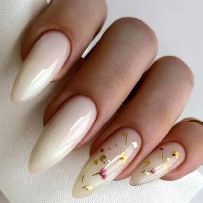 24Pcs Detachable Almond French Full Cover False Nails Silver Butterfly Lines Stiletto Fake Nials Press On Nails DIY Manicure
