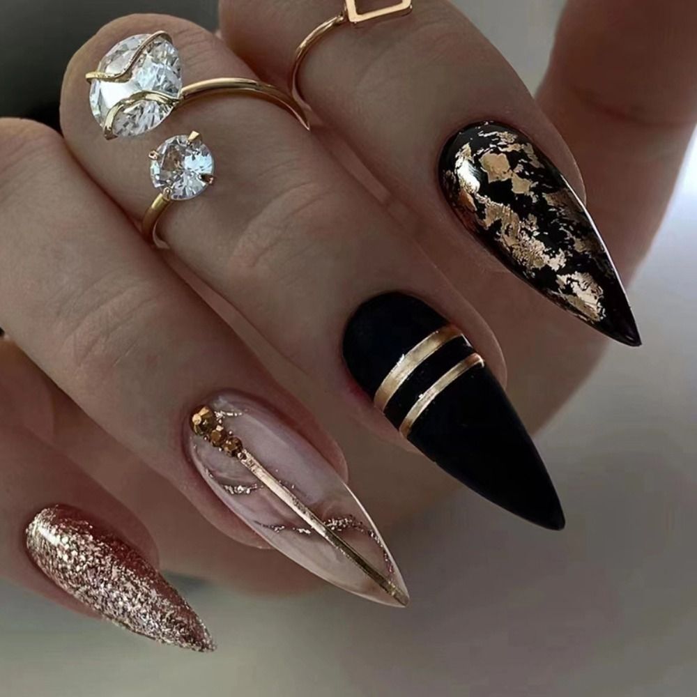 24Pcs Detachable Almond French Full Cover False Nails Silver Butterfly Lines Stiletto Fake Nials Press On Nails DIY Manicure