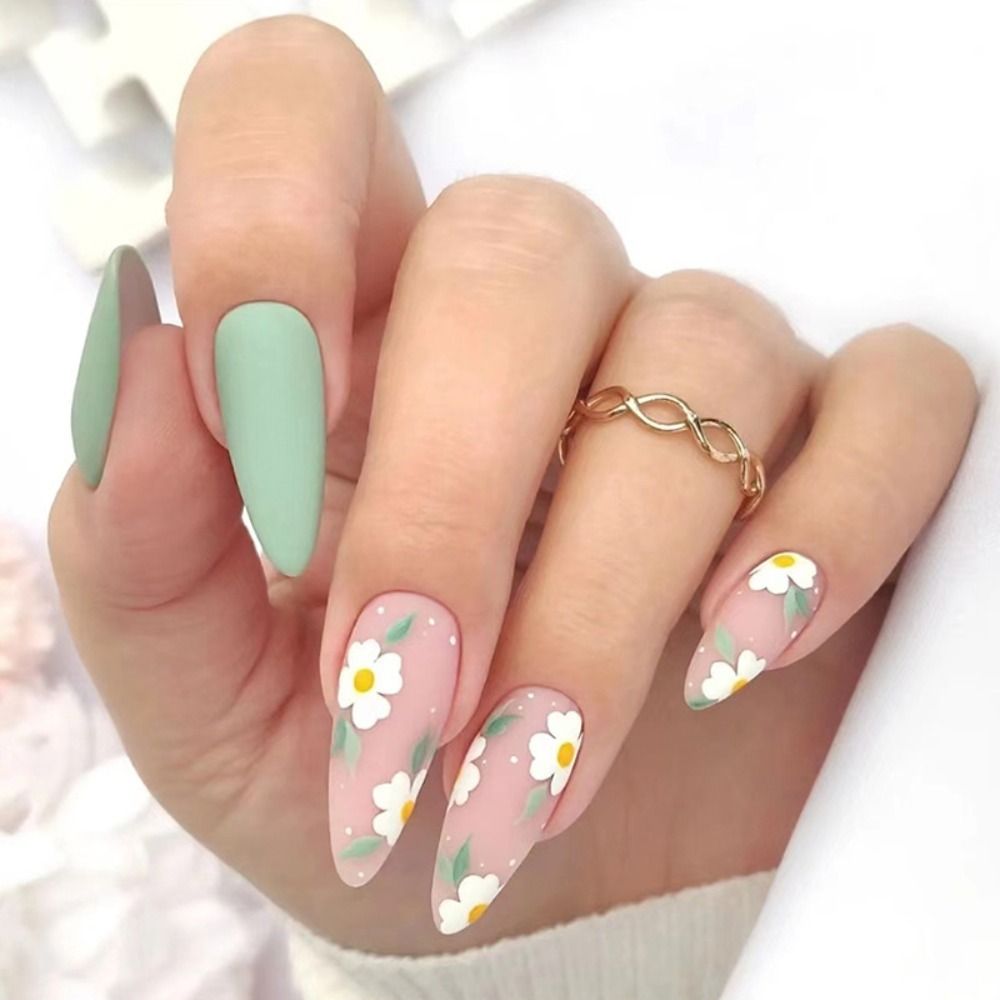 24Pcs Detachable Almond French Full Cover False Nails Silver Butterfly Lines Stiletto Fake Nials Press On Nails DIY Manicure
