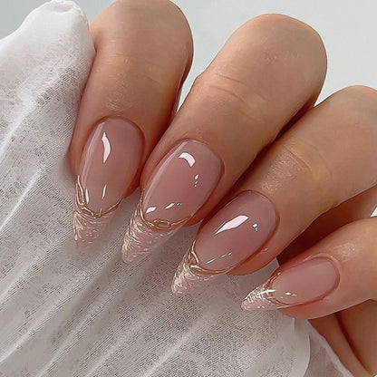 24Pcs Detachable Almond French Full Cover False Nails Silver Butterfly Lines Stiletto Fake Nials Press On Nails DIY Manicure