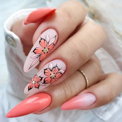 24Pcs Detachable Almond French Full Cover False Nails Silver Butterfly Lines Stiletto Fake Nials Press On Nails DIY Manicure