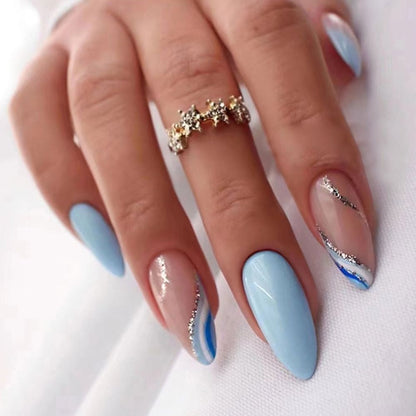 24Pcs Detachable Almond French Full Cover False Nails Silver Butterfly Lines Stiletto Fake Nials Press On Nails DIY Manicure
