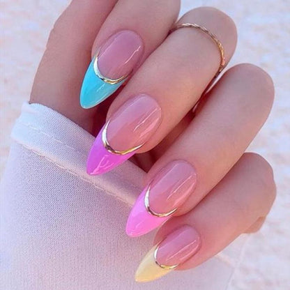 24Pcs Detachable Almond French Full Cover False Nails Silver Butterfly Lines Stiletto Fake Nials Press On Nails DIY Manicure