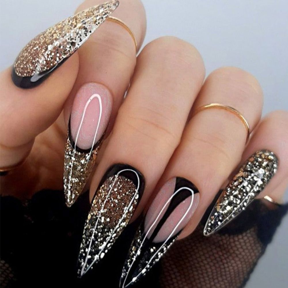 24Pcs Detachable Almond French Full Cover False Nails Silver Butterfly Lines Stiletto Fake Nials Press On Nails DIY Manicure