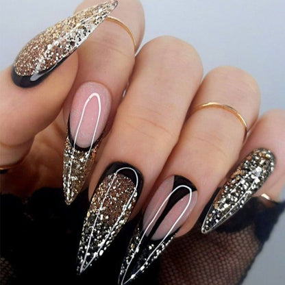 24Pcs Detachable Almond French Full Cover False Nails Silver Butterfly Lines Stiletto Fake Nials Press On Nails DIY Manicure