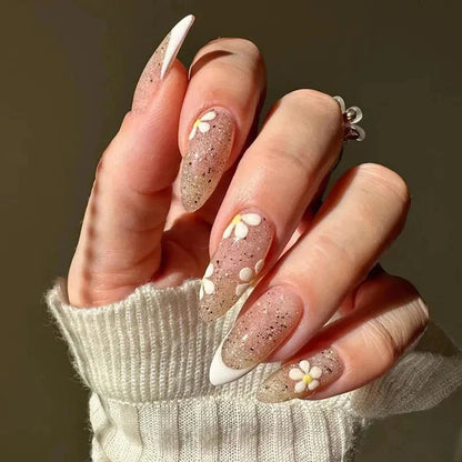 24Pcs Detachable Almond French Full Cover False Nails Silver Butterfly Lines Stiletto Fake Nials Press On Nails DIY Manicure
